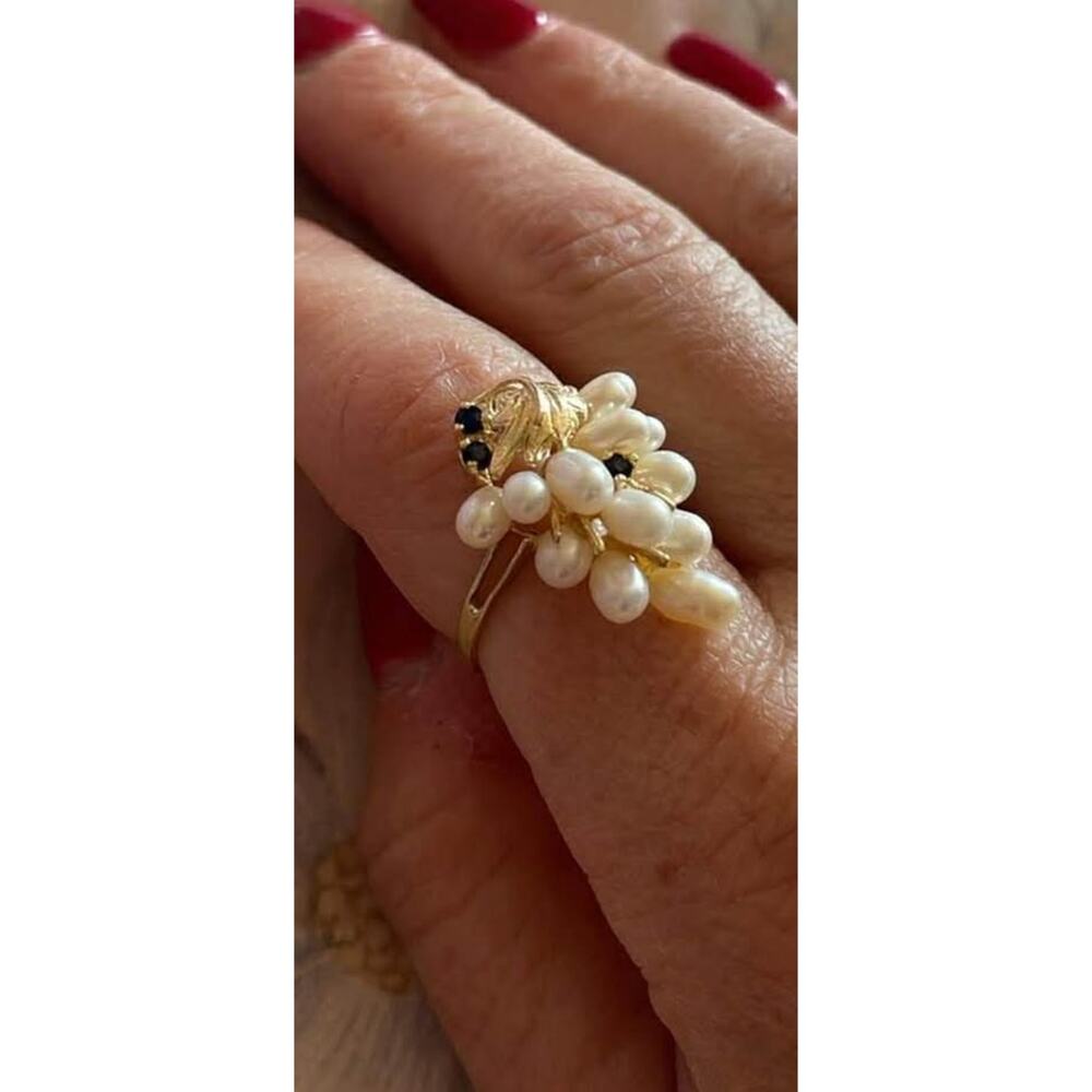 14K Gold pearl grape cluster ring with natural sapphires - Picture 4 of 4